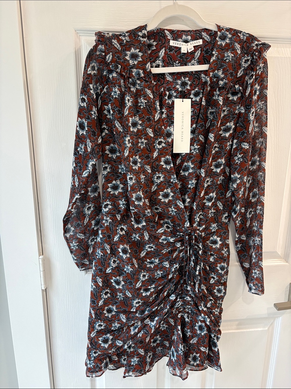 Veronica Beard Rust Brown Floral Ruched Mini Dress